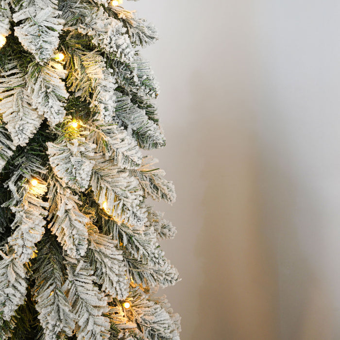 Slim Snow Flocked Pre Lit Pencil Christmas Tree, 3.9Ft / 5.9Ft / 7.9Ft With 750 Branch Tips, 480 LED Lights, Warm Glow, For Indoor Holiday Decor - White