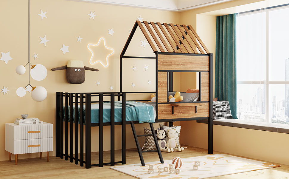 Loft Bed With Roof, Window, Guardrail, Ladder