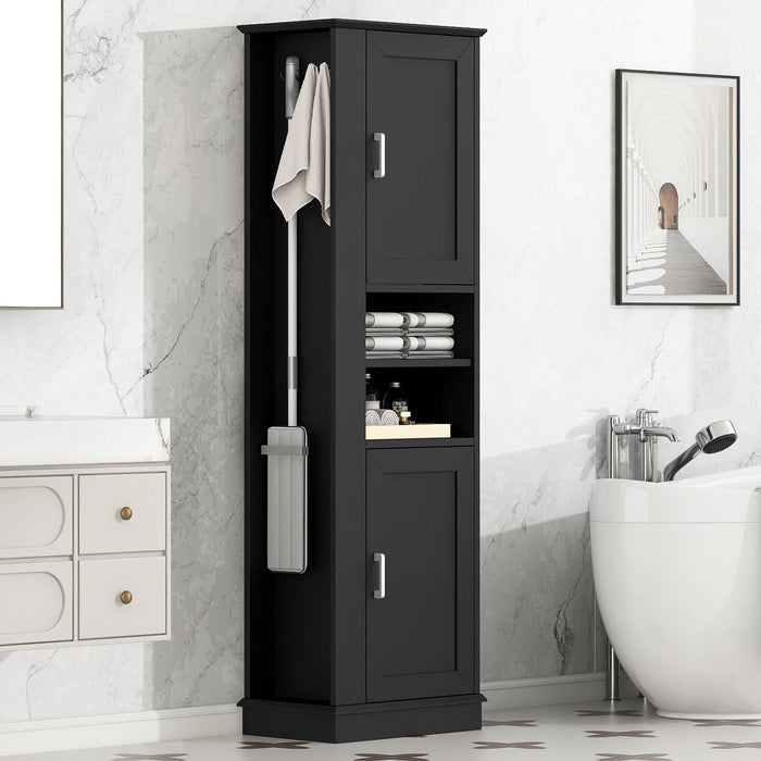 Tall Freestanding Bathroom Storage Cabinet With Adjustable Shelves And Side Hooks Board, Rectangle Design