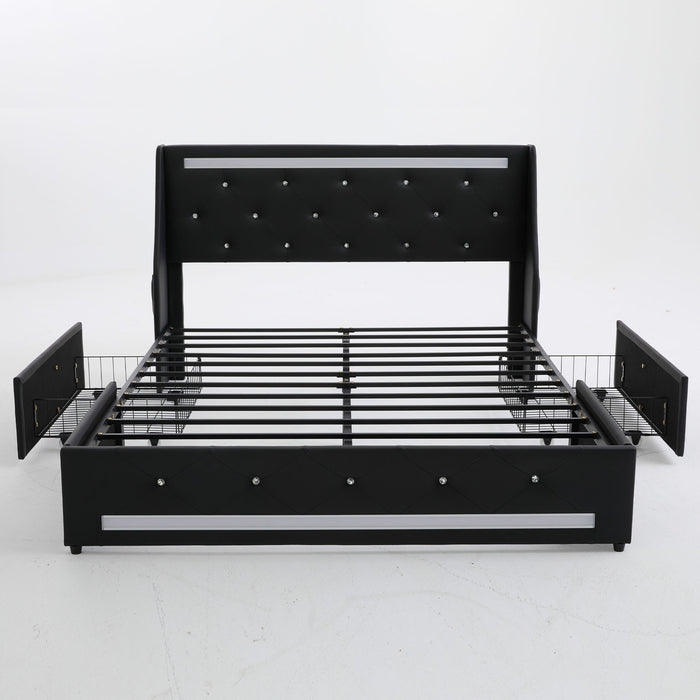 Wingback Upholstered Bed Frame With LED Lights, Charging Station