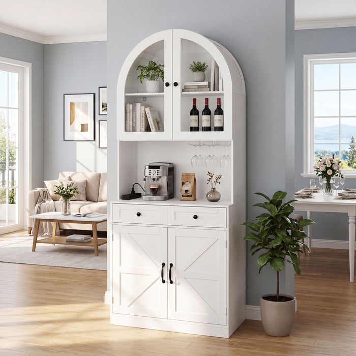 Tall Arched Pantry Cabinet With Charging Station, Adjustable Shelves, Coffee Bar