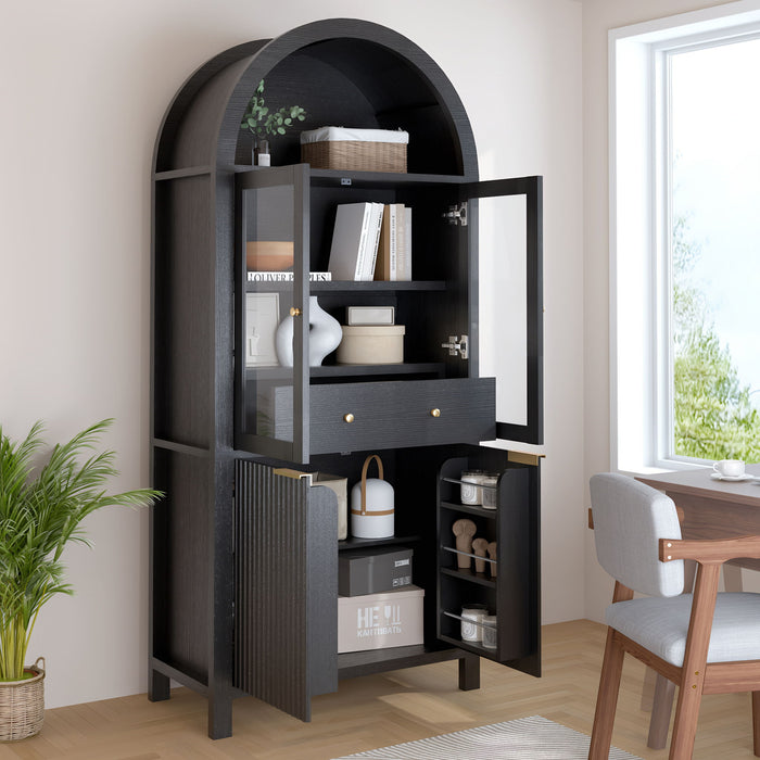 Fluted Tall Arched Pantry Cabinet With Adjustable Shelves, Glass Door & Hidden Drawer For Kitchen