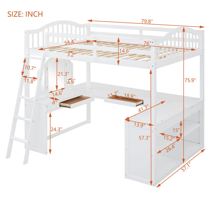 Loft Bed With Drawers, Cabinet, Shelves With Desk
