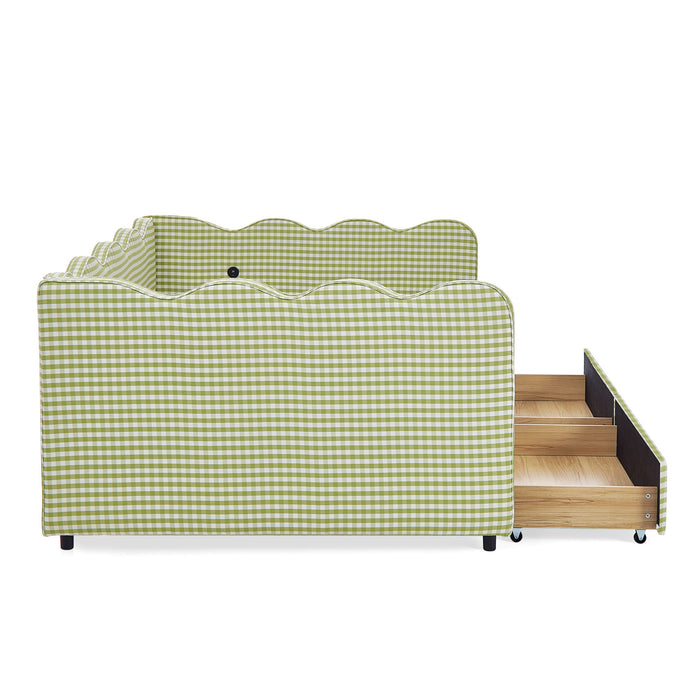 Gingham Daybed With USB Charging Port, Wave-Shaped Design