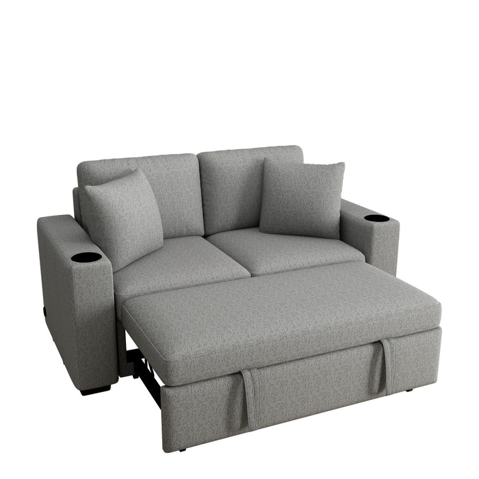 Modern 2 Seater Loveseat Sofa With Pull-Out Bed, Chenille Fabric, Built-In USB Ports & Cup Holders