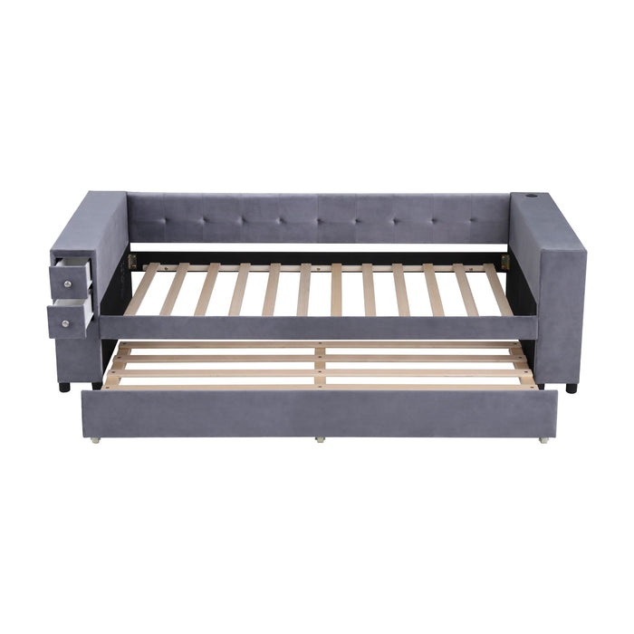 Upholstered Bed With Storage And Twin Trundle, USB Charging Ports