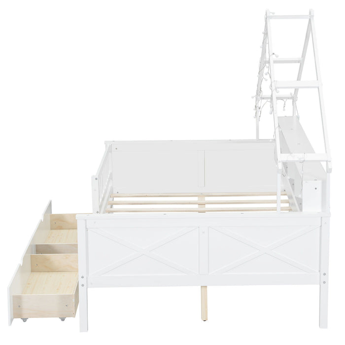 House Style Platform Bed With LED Lights, Storage Shelves, Drawers, And Guardrail