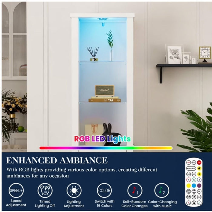 Pantry Cabinet With LED Lights And Barn Door With Tempered Glass Shelves - White