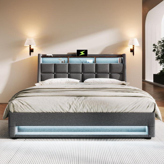 Queen Size Upholstered Platform Bed With A Hydraulic Storage System, LED And USB Charging (Without Mattress) - Gray