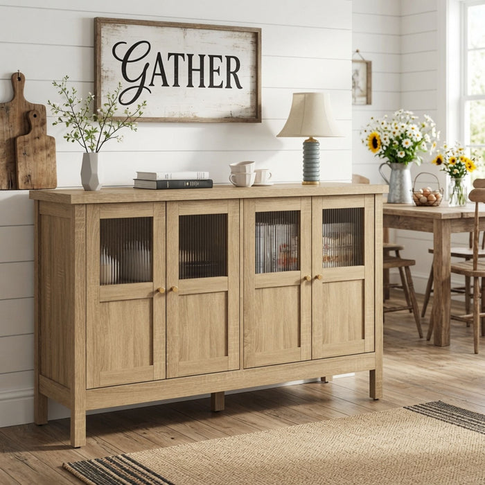 Buffet Cabinet With 4 Doors, Adjustable Shelves Handles - Natural