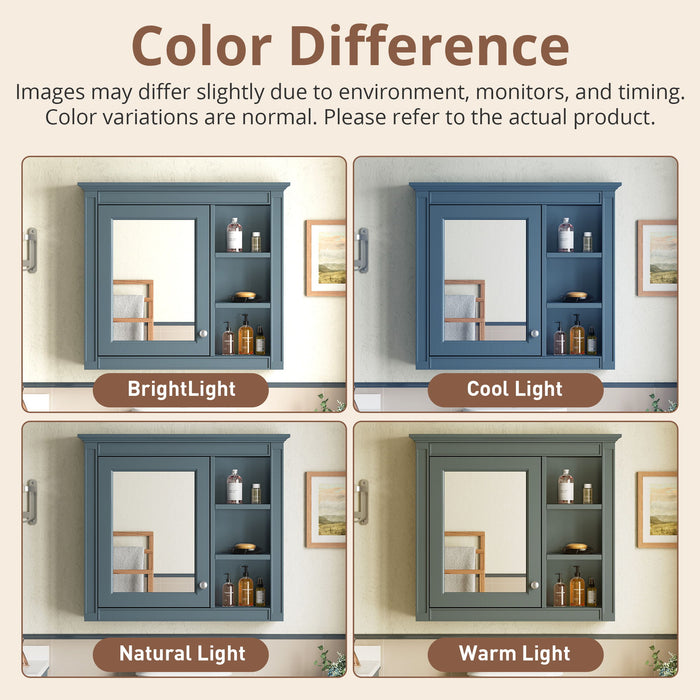 Wall-Mounted Medicine Cabinet With Mirror, Adjustable Shelves, Rectangular Design - Blue