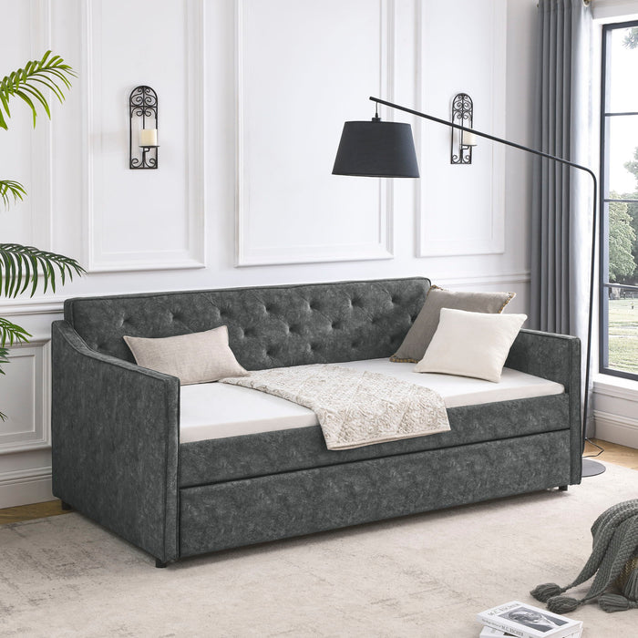 Twin Upholstered Daybed With Trundle, Waved Arms - Gray