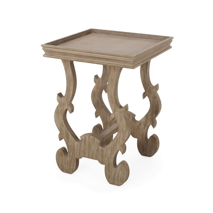 French Country Style Accent Table With Ornate Stretcher Base - Natural