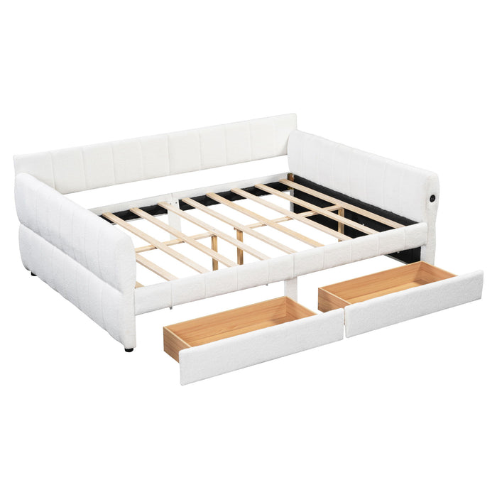 Queen Upholstered Platform Bed With USB Charging And 2 Storage Drawers - White