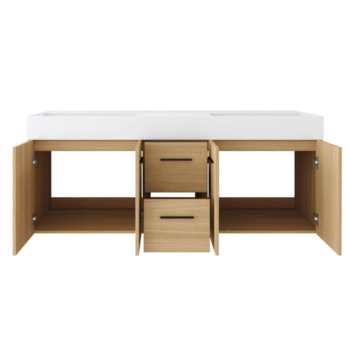 Floating Double Sink Bathroom Vanity With Drawers And Doors, Extra Large Storage, Integrated Sink, Soft Close Hardware - Glossy White / Light Oak