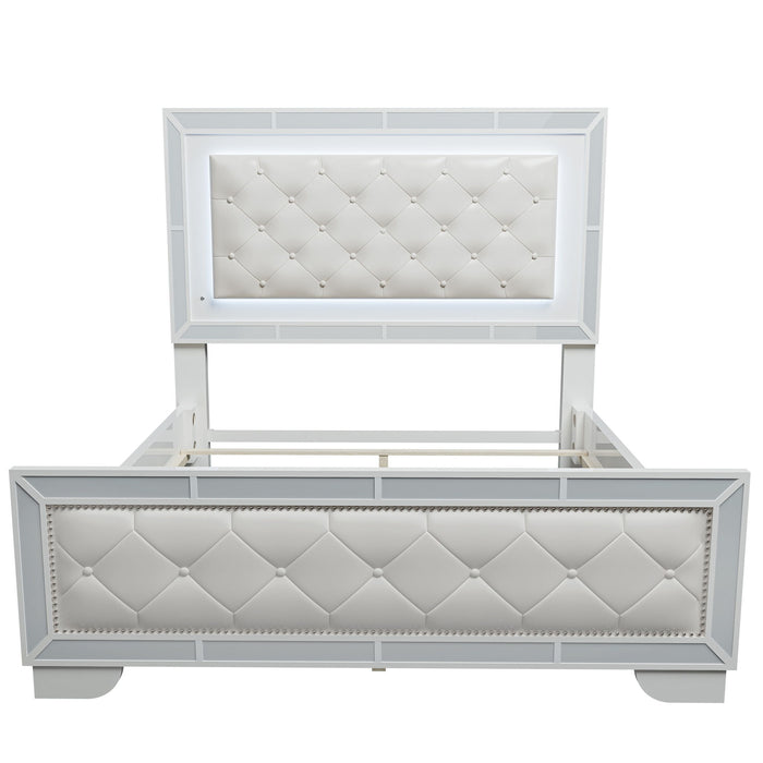 Eastern King Size Bed With LED Lights And Mirror Trim - Cream / Ivory