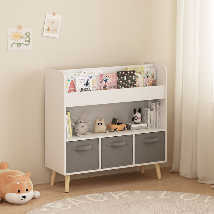 Bookshelf With 3 Bins, Storage Shelf For Toys And Books - White