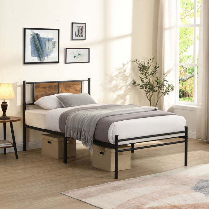 ModerMetal Bedframe With Wood Panel Headboard
