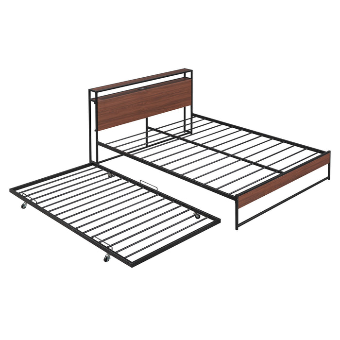 Platform Bed Frame With Trundle, USB Ports And Slat Support, No Box Spring Needed