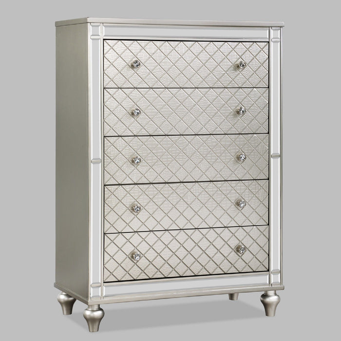 5 Drawer Bedroom Chest With Diamond Patterned Fronts - Silver