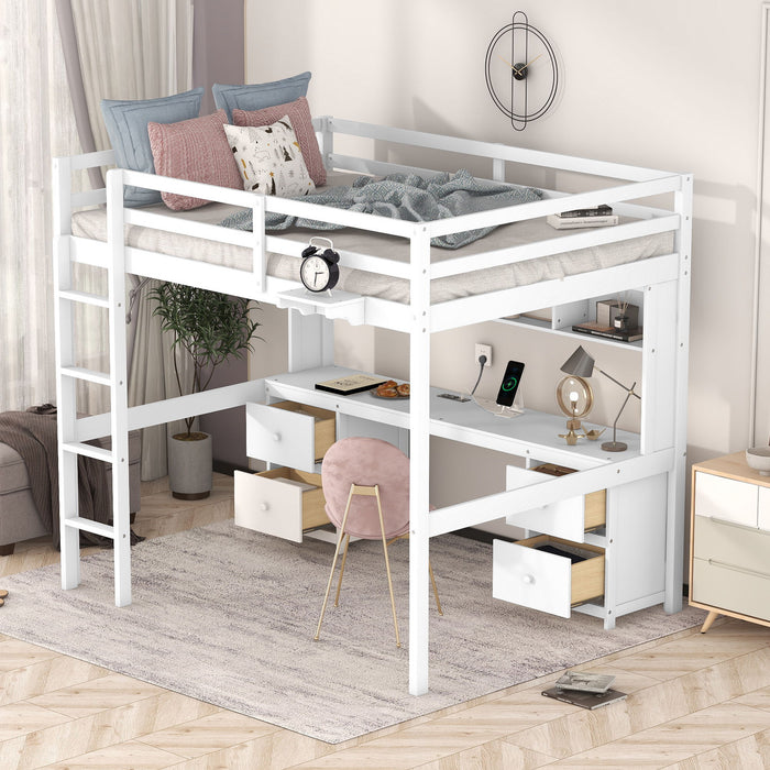 Full Size Loft Bed With Desk, Cabinets, Drawers, Charging Station And Bedside Tray, Sturdy Frame, No Box Spring Required - White