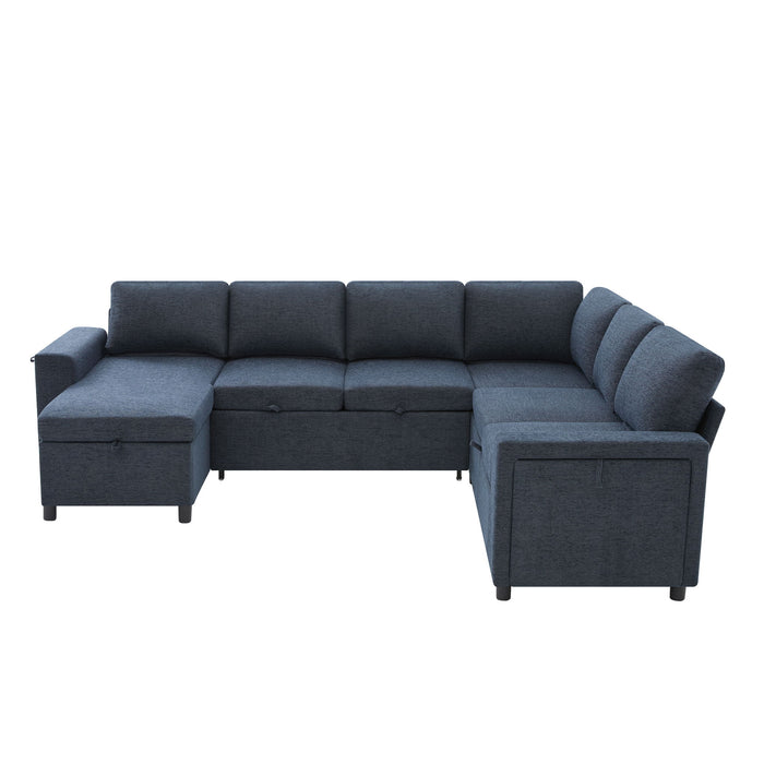U - Shaped Convertible Sectional Sofa Bed With Storage, USB Charger & Cup Holders