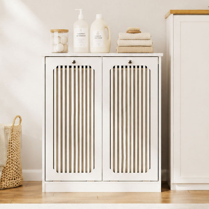 Louvered Flip Top Laundry Cabinet With Dual Fabric Baskets - White
