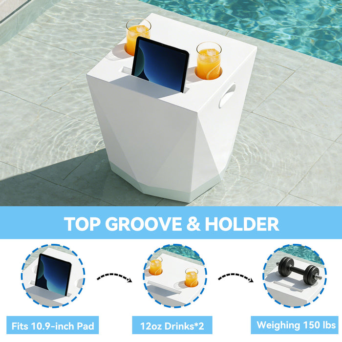 End Table With 2 Cup Holders And 1 Tablet Holder For Outdoor - White