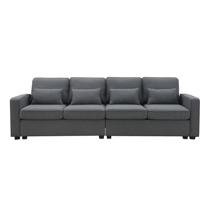 4 Seater Modern Linen Sofa With Armrest Pockets And 4 Pillows, Minimalist Style Couch For Living Room