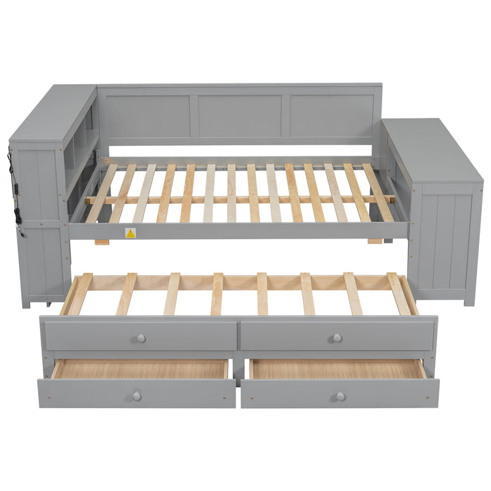 Daybed With Storage Shelves, Drawers, Trundle, Charging Station, LED Light, Desk And Cabinet