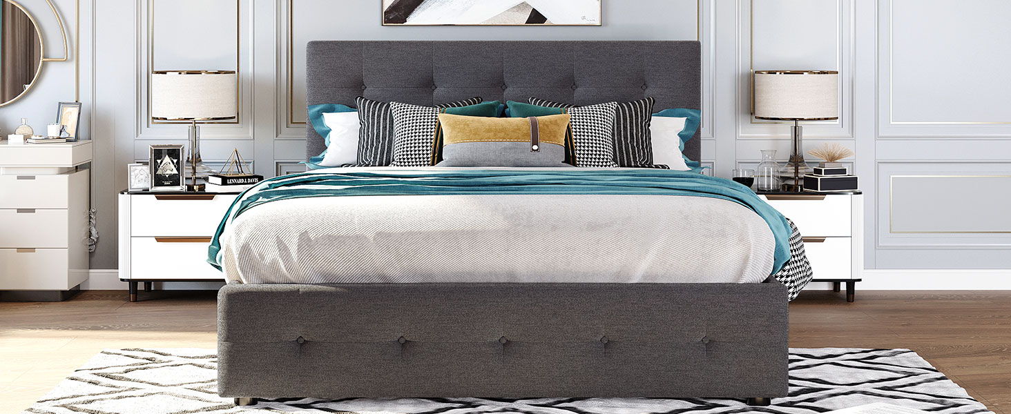 Upholstered Platform Bed With Classic Headboard And Drawers, No Box Spring Needed