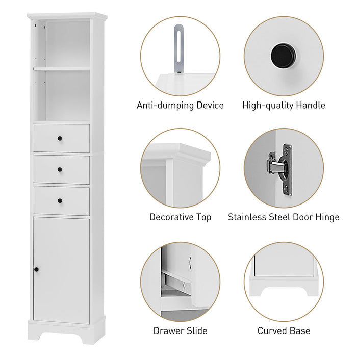Tall Storage Cabinet With 3 Drawers And Adjustable Shelves For Bathroom