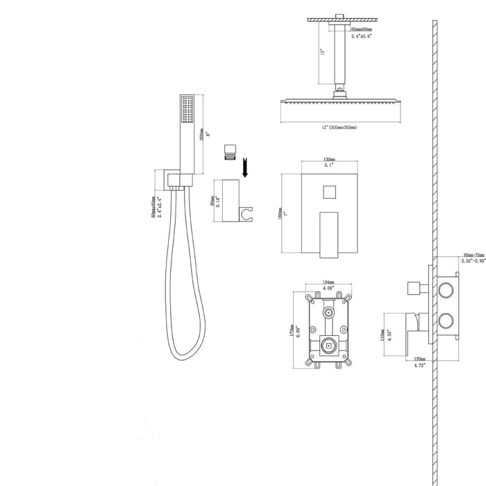 Luxury Dual Shower Head System 12" Ceiling Mount With Rough In Valve, Stainless Steel And Brass