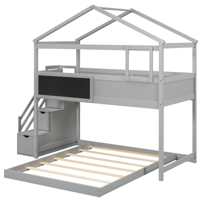 House Style Bunk Bed With Storage Staircase And Blackboard