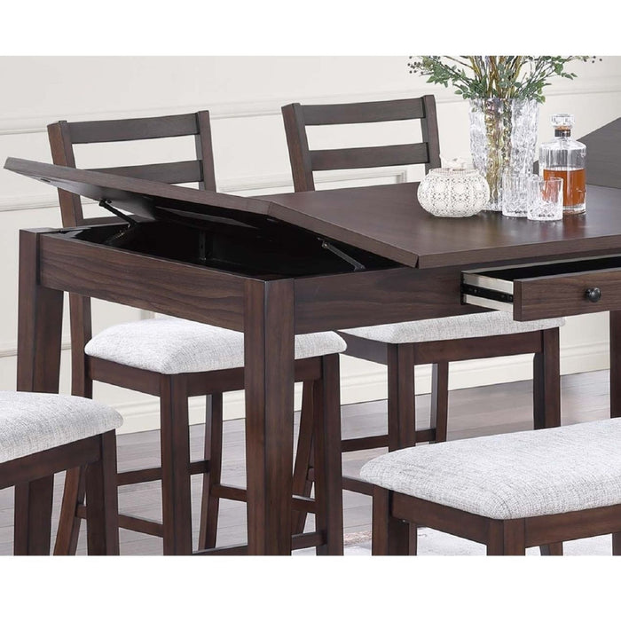 6 Piece Counter Height Dining Set Table With Storage Ladder Back Chairs And Bench - Walnut