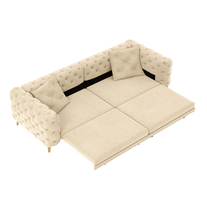 3 In 1 Convertible Sleeper Sofa, Pull Out Bed, Button Tufted, 4 Seater Couch With Movable Ottoman For Apartment - Apricot