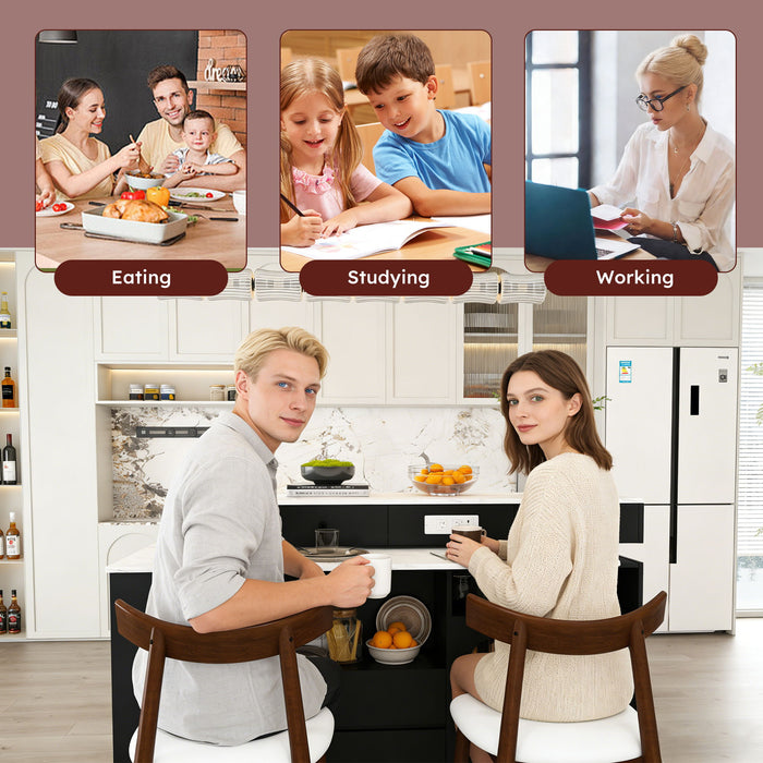 Retro Kitchen Island Set With Chairs, Extendable & Rotating Table, 4 Drawers & Door Cabinets