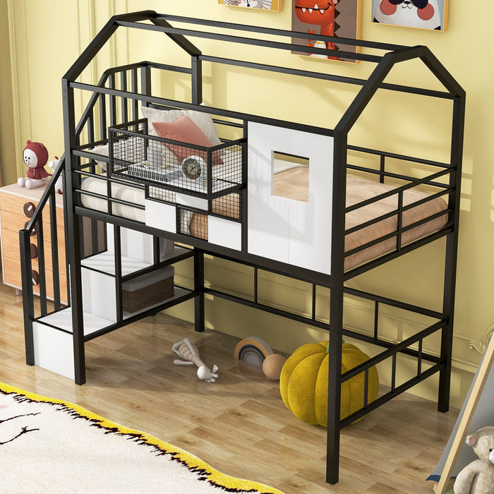 Metal Loft Bed With Roof Design And Storage Box With Guardrails And Integrated Ladder