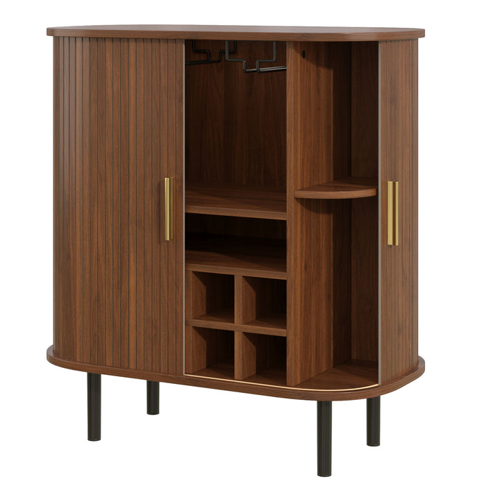 Fluted Wine Bar Cabinet With 8 Grid Wine Rack, 5 Level Adjustable Shelves, 2 Glass Holders