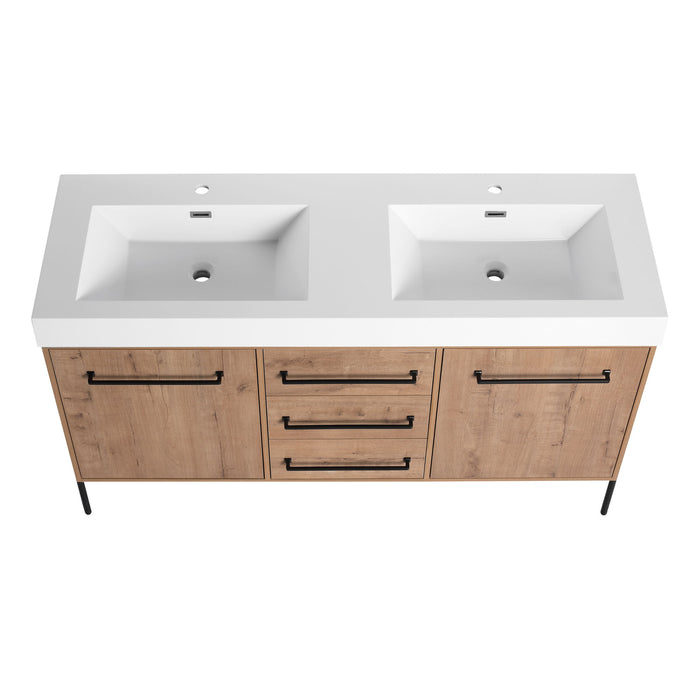 60" Freestanding Bathroom Vanity With Double Sink, Soft Close Doors, 3 Drawers - Imitative Oak