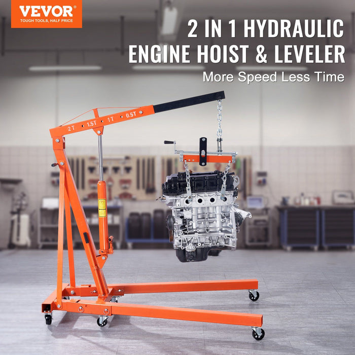 Hydraulic Engine Hoist With Lever, 2 Ton Capacity, Foldable Design For Auto Repair - Orange