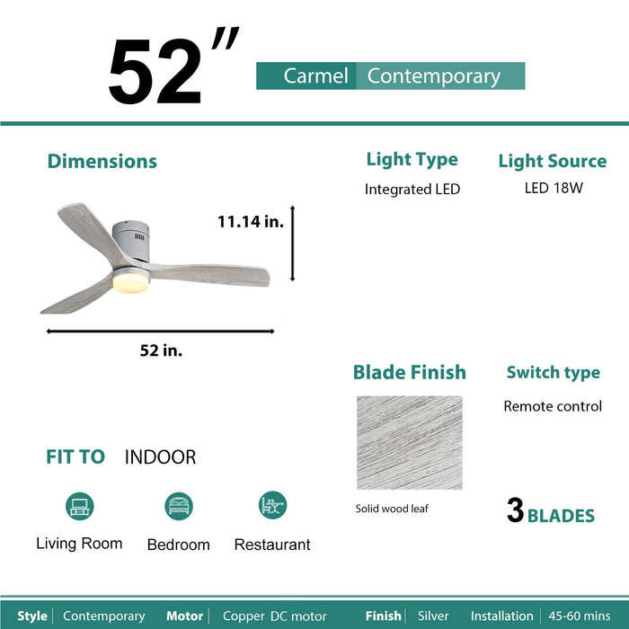 52" Ceiling Fan With LED Light, Reversible DC Motor, Remote Control - Silver