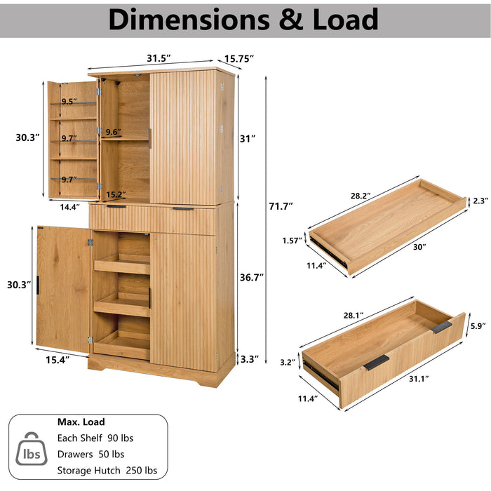 Fluted Kitchen Pantry Cabinet With 3 Keyboard Drawers & 6 Door Shelves Adjustable