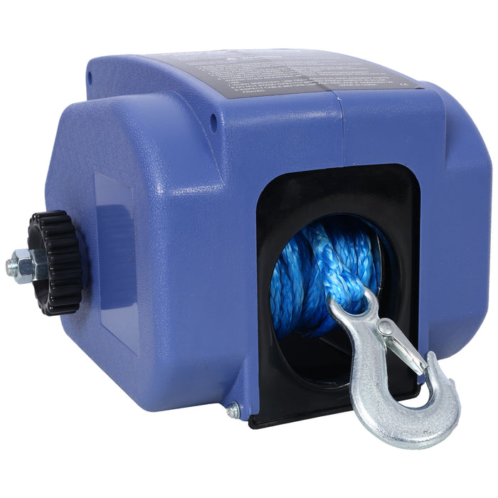 Reversible 12V Electric Trailer Winch For Boats Up To 6000 Lbs With Synthetic Rope And Extra Pulley Hook - Blue