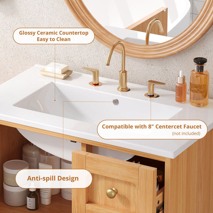 Bathroom Vanity With Sink, 3 Drawers, Soft Close Door - Natural Wood