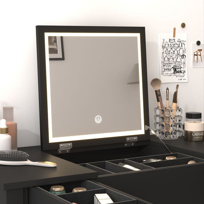 Vanity Table With LED Lights, Flip-Top Mirror And 2 Drawers, Jewelry Storage