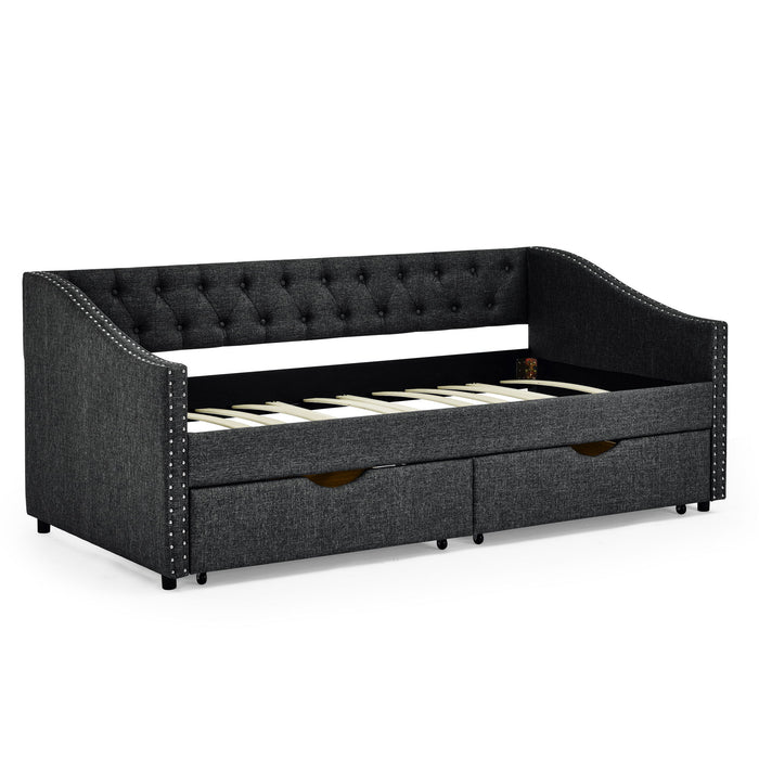 Upholstered Tufted Daybed With 2 Drawers, Waved Arms