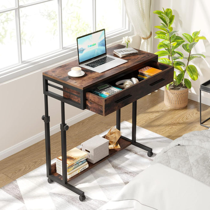 Portable Laptop Desk With Drawer & Wheels, Height Adjustable, Storage Shelf - Brown / Black