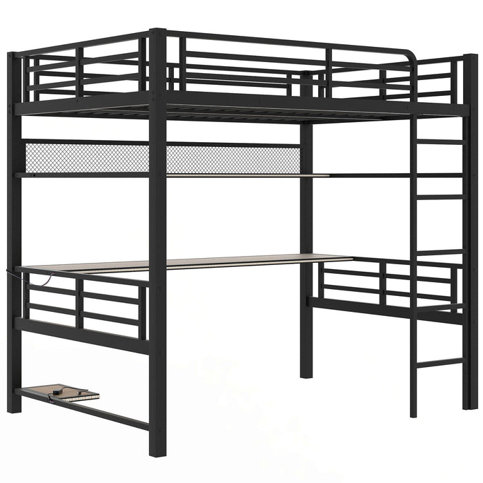 Full Size Loft Bed Frame With Storage Shelf And LED Light - Black