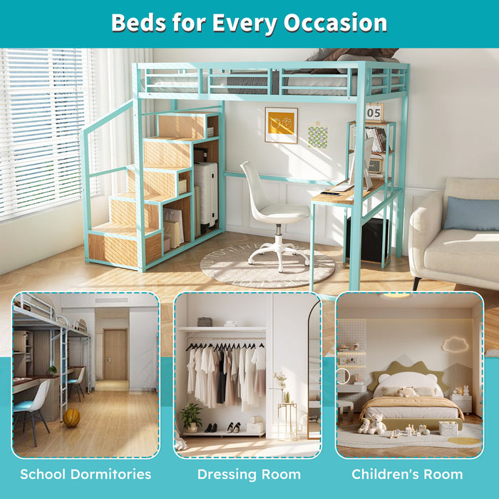 Heavy Metal Frame Full Loft Bed With Desk & Storage, 4 Cabinets, Staircase, Rack Space Saver - Green